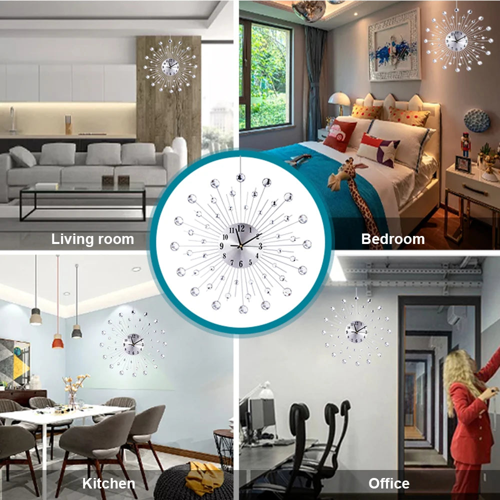 50*50CM Silver Diamond Sun Wall Clock European Battery-Powered Wall Clock Movement Metal Glass Clock Home Office Wall Decoratio