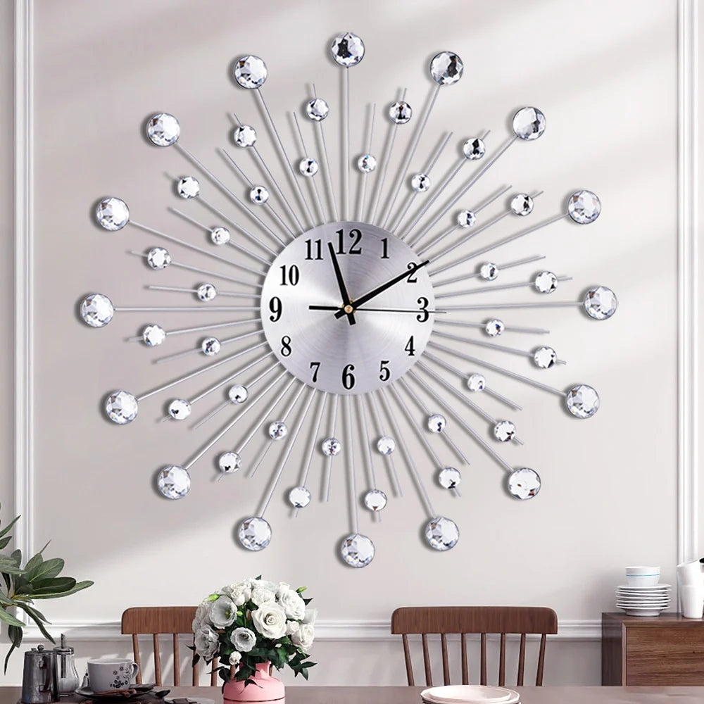 50*50CM Silver Diamond Sun Wall Clock European Battery-Powered Wall Clock Movement Metal Glass Clock Home Office Wall Decoratio