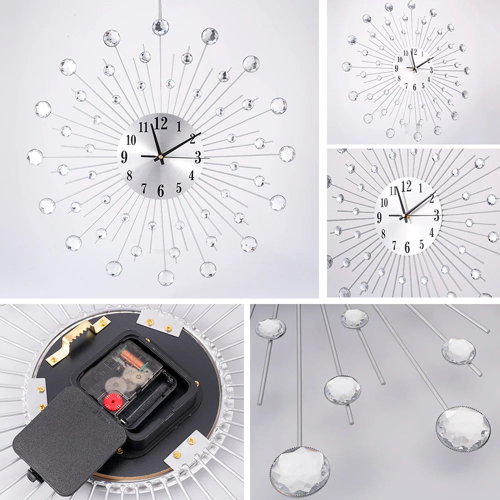 50*50CM Silver Diamond Sun Wall Clock European Battery-Powered Wall Clock Movement Metal Glass Clock Home Office Wall Decoratio