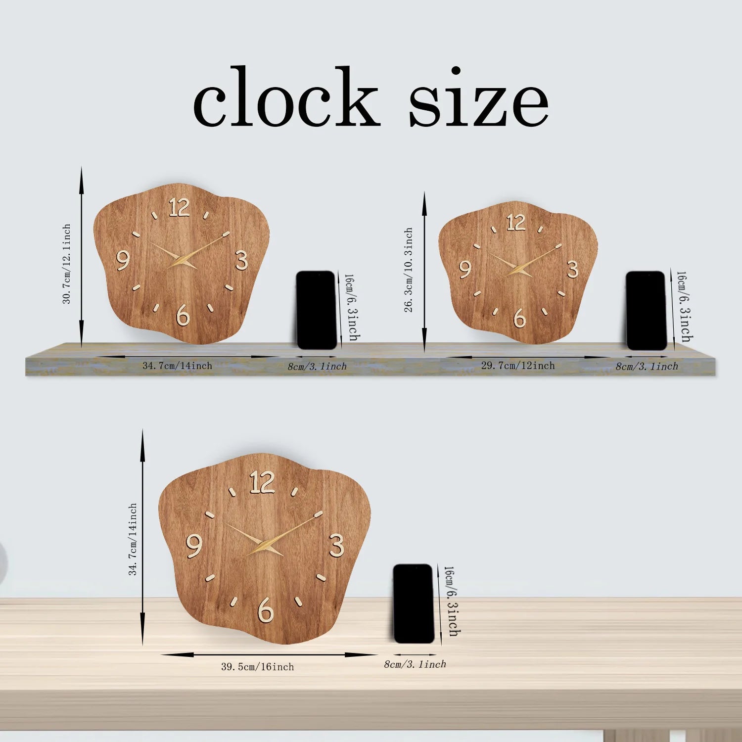 French Retro Asymmetrical Crystal Porcelain Wooden Wall Clock Living Room Bedroom Kitchen Home Decoration Wall Clock Silent Quartz Clock Holiday Gift 12 Inches 14 Inches 16inch (Without Batteries)